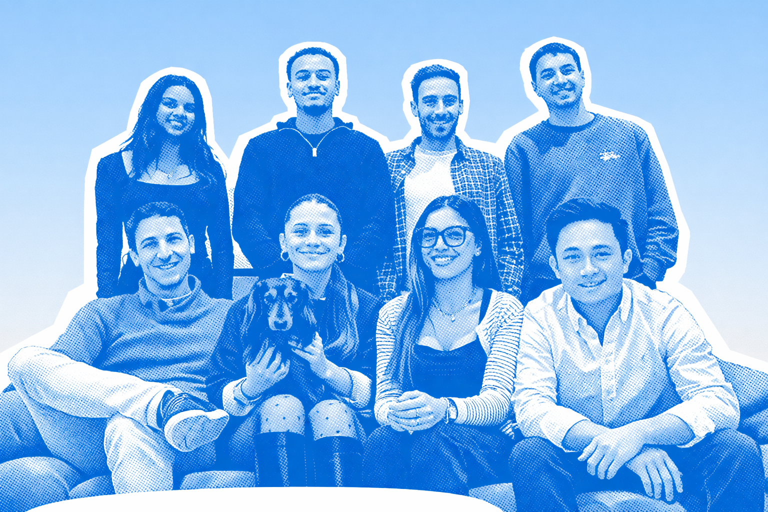 Group of colleagues greeting each other in a stylized blue duotone treatment